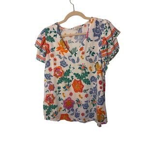 Rachel Zoe Womens Blouse 1X White Floral Ruffle Sleeve V-Neck Boho Top